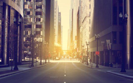 Street view with high buildings