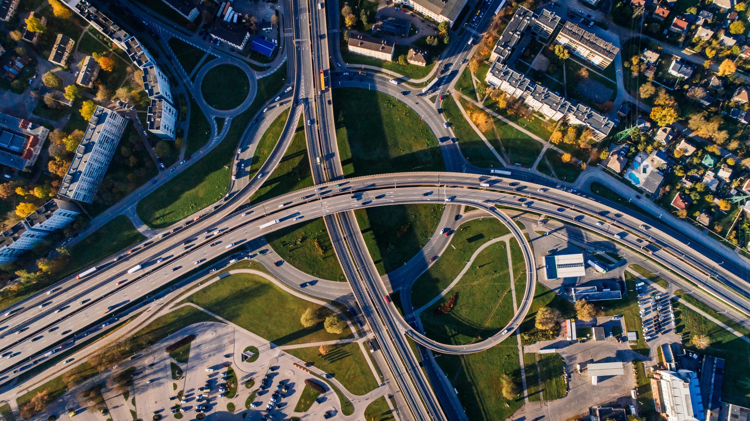 aerial view over highway with cars