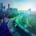 City view with highway and connected icons
