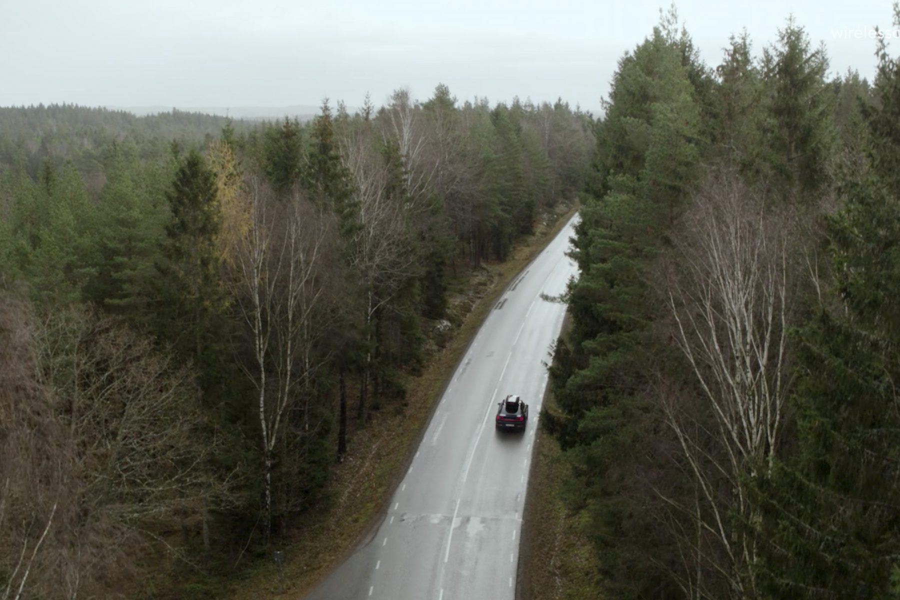 A car driving on a road surrounded by forrest