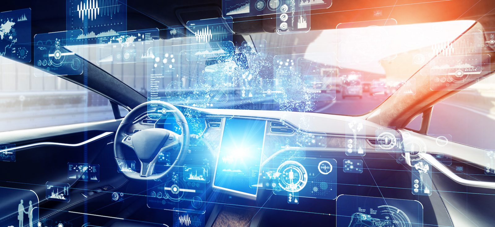 Inside a car's cockpit with abstract floating data and information