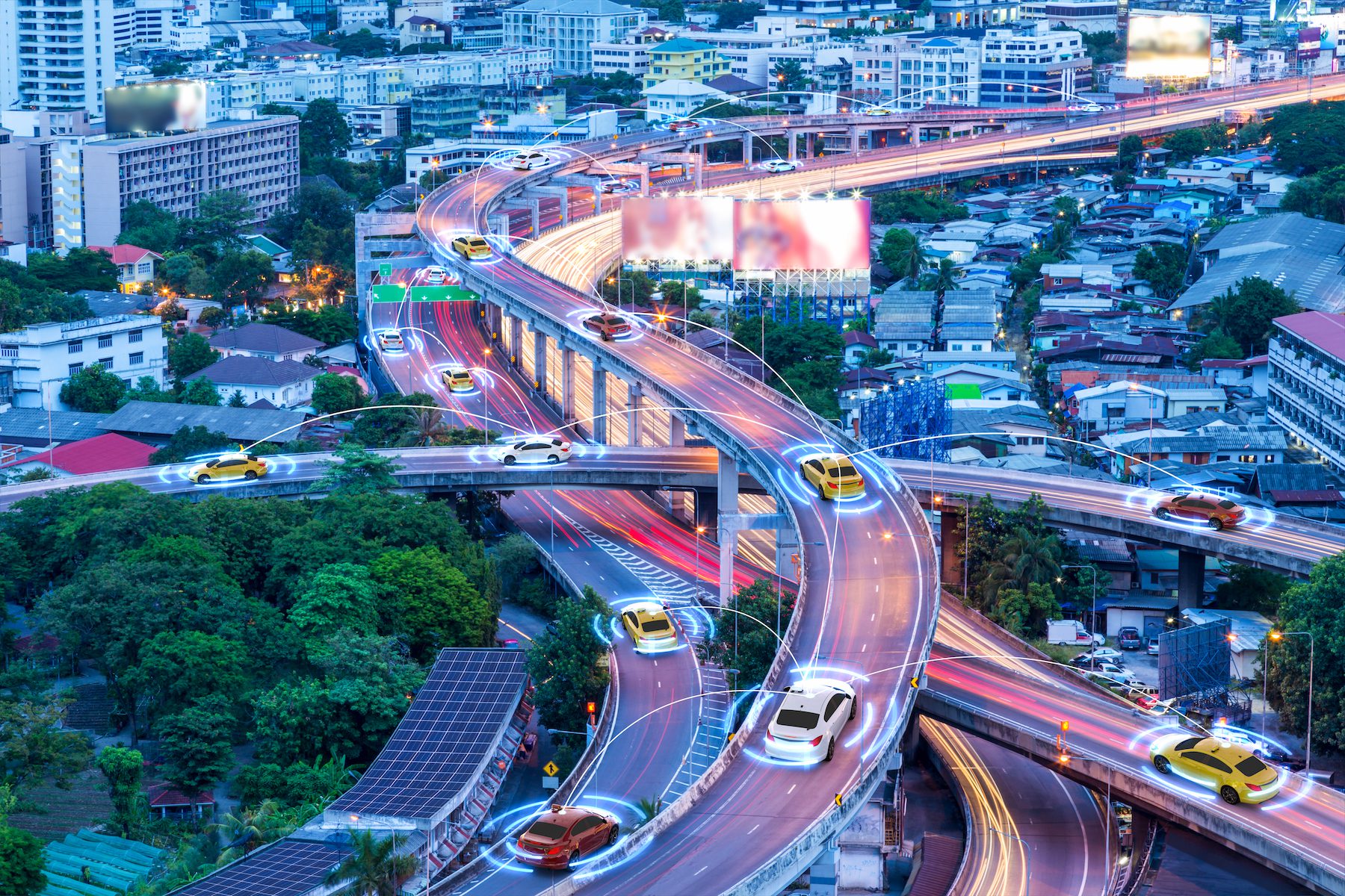 connected cars driving on a city highway