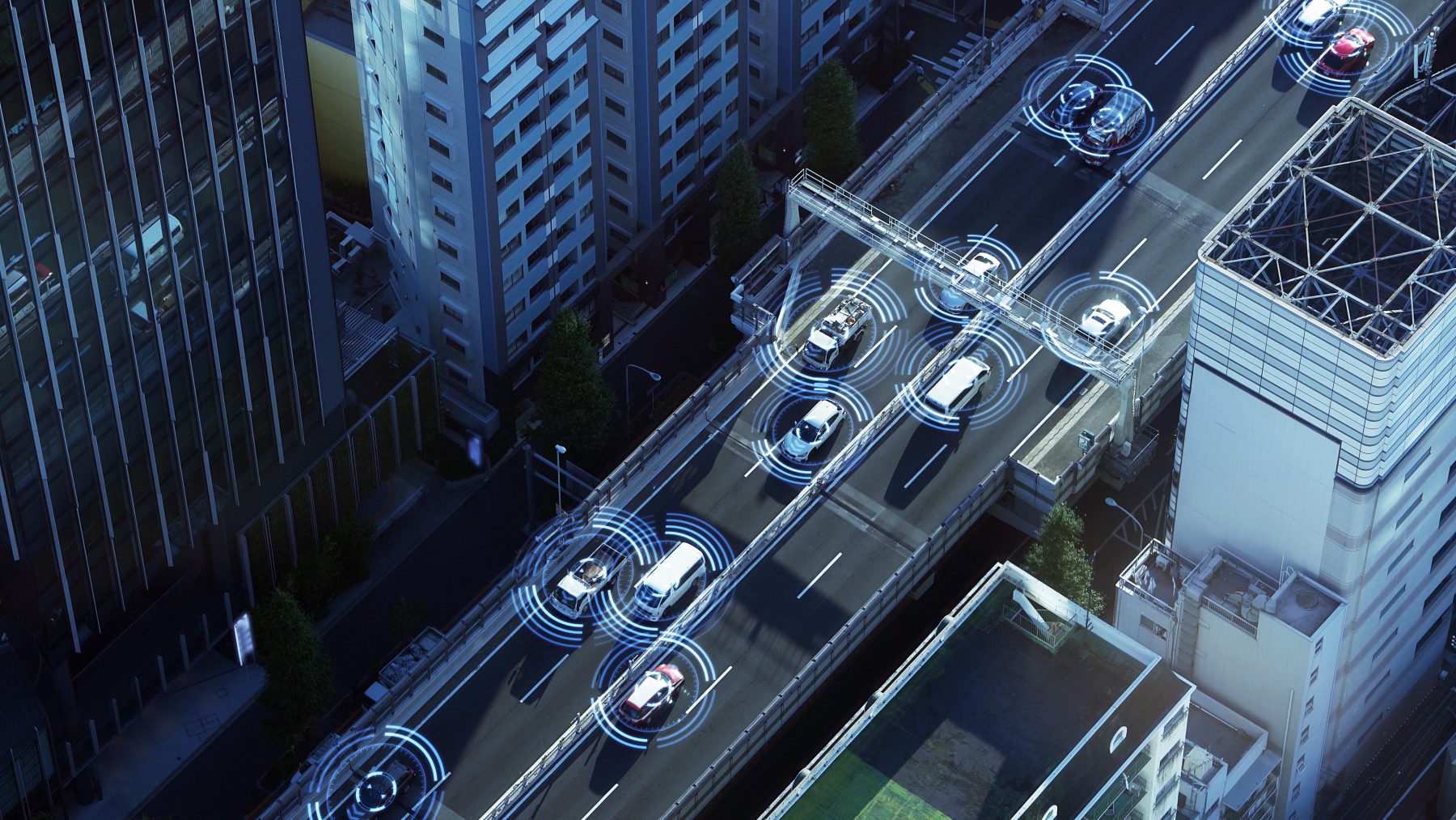 Automotive,Sensing,System,Concept.,Autonomous,Car.,Driver,Assistant,System.,Adaptive vehicles driving on a highway with blue abstract circles around them