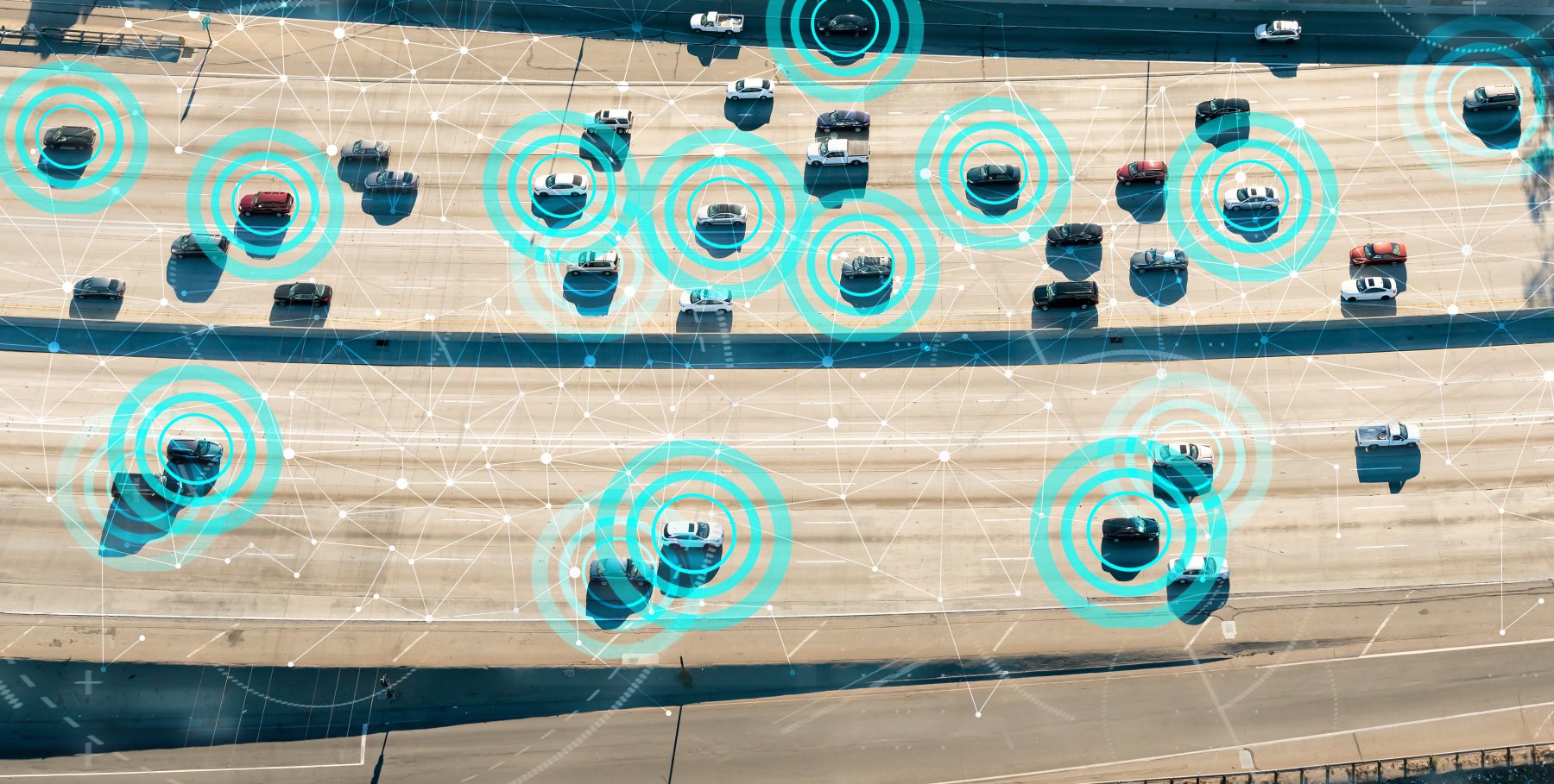 vehicles driving on the highway with illustrated lines and circles around them