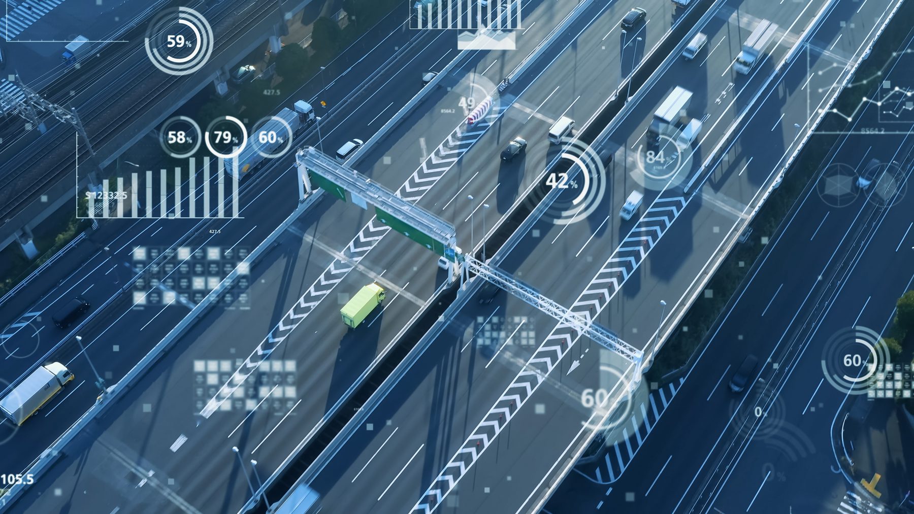 Vehicles on a highway with data flow floating