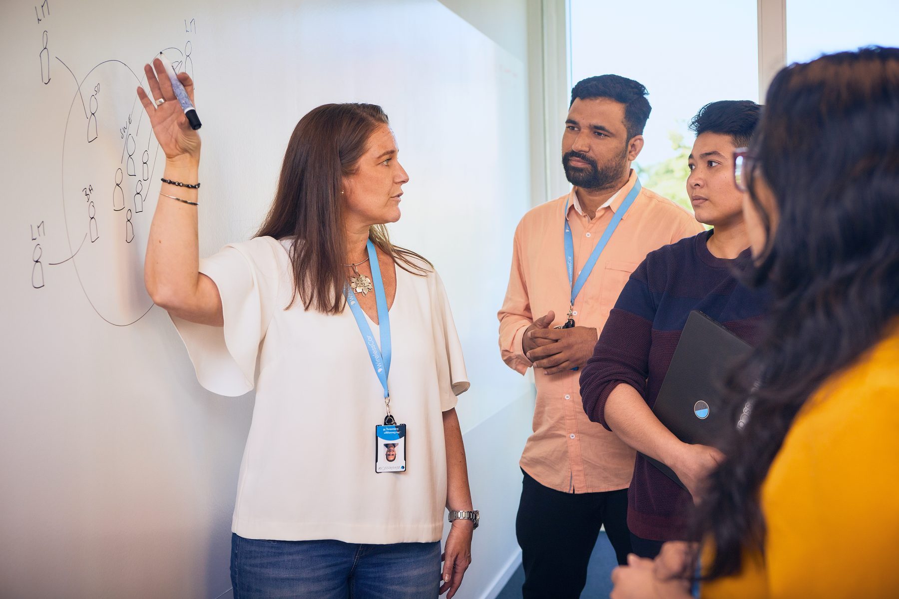 a woman explaining something in front of a whiteboard to a group of people