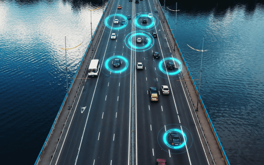 vehicles on a bridge road with illustrated circles on some of them