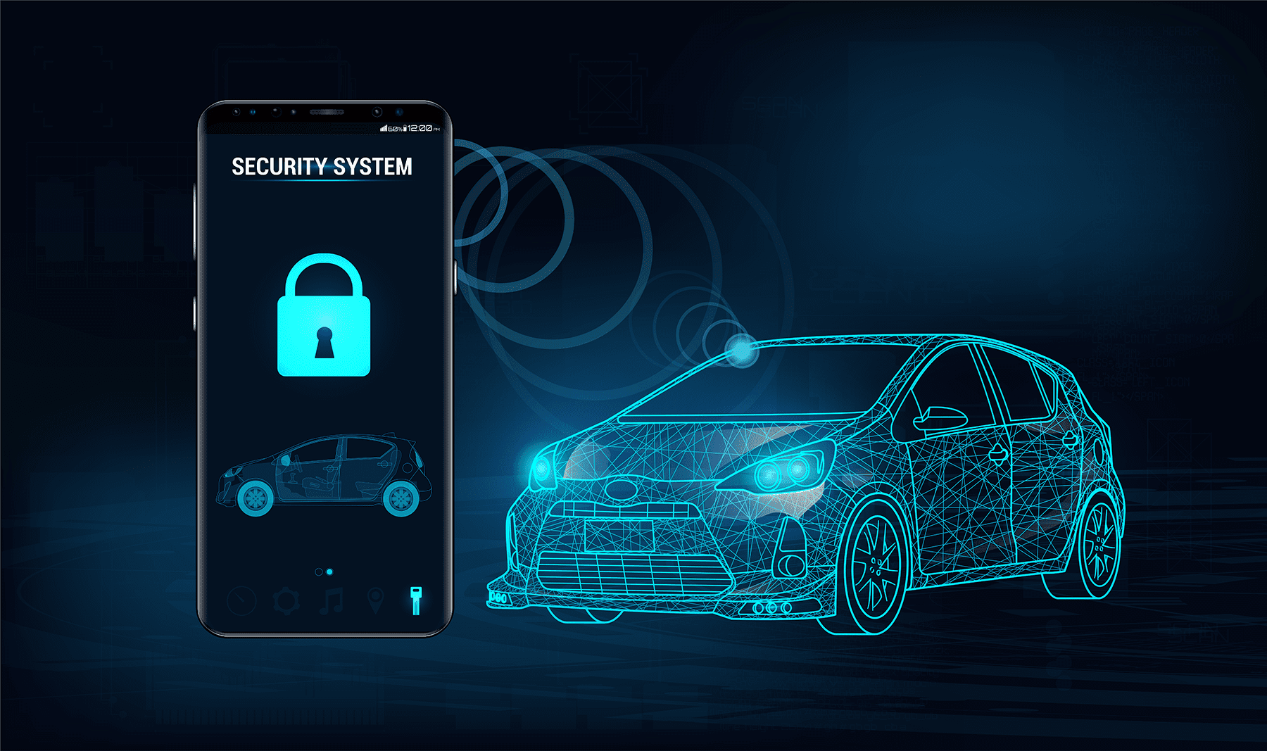 a smartphone displaying a car security system next to a car