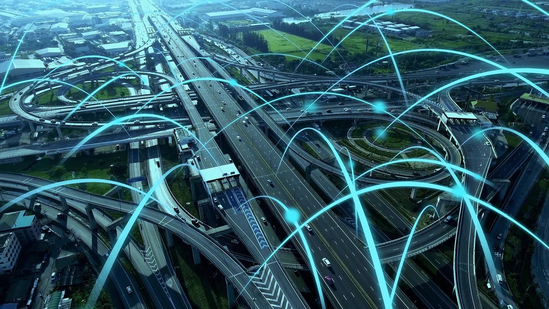 city highway with a global network connection graphic