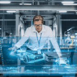 engineer using augmented reality hologram to work on a new electric car in an office