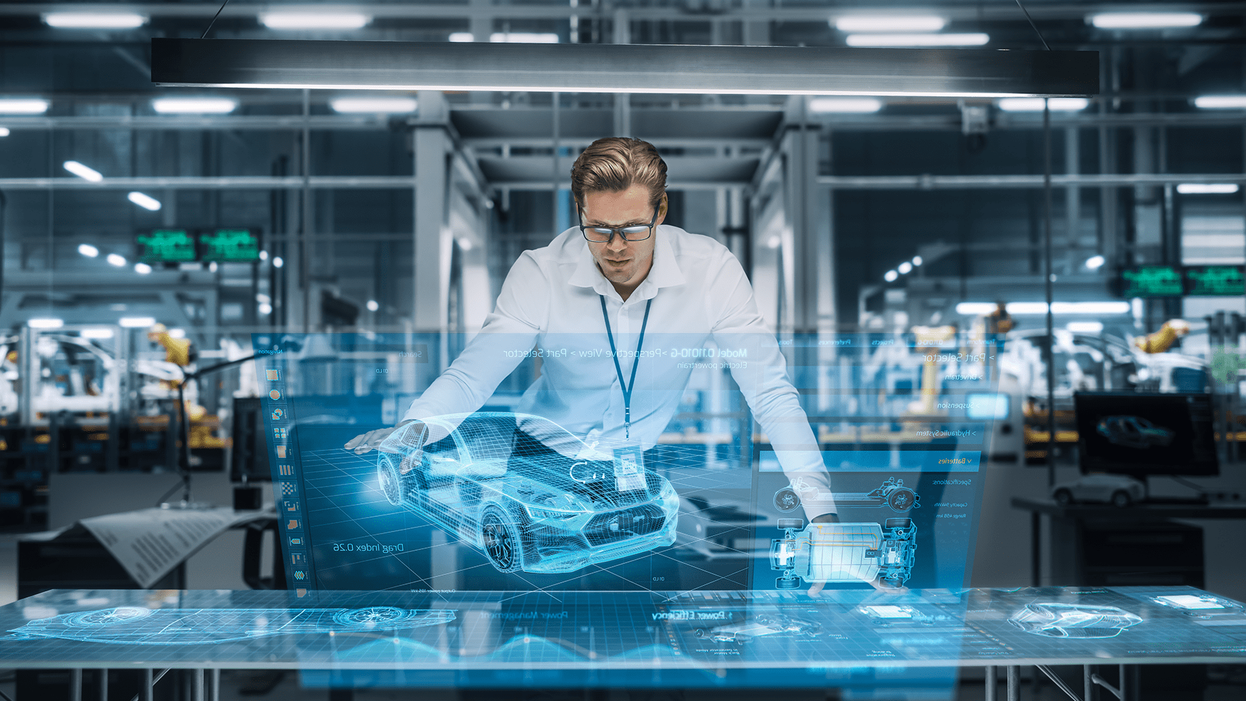 engineer using augmented reality hologram to work on a new electric car in an office