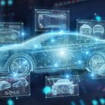 Holographic car interface digital projection on a blue background, 3D rendering