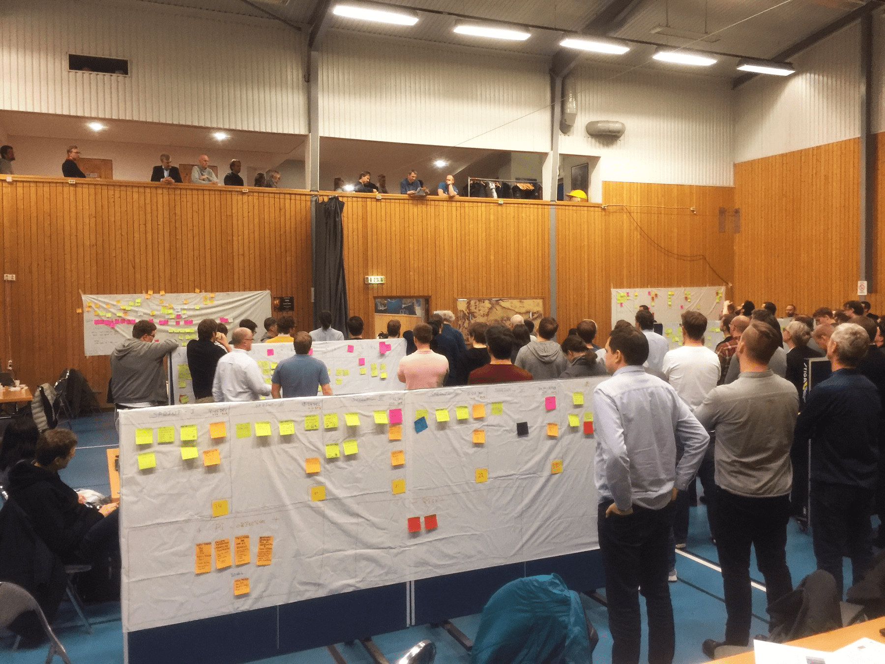 A room filled with people engaged in planning, with Post-it notes on several walls