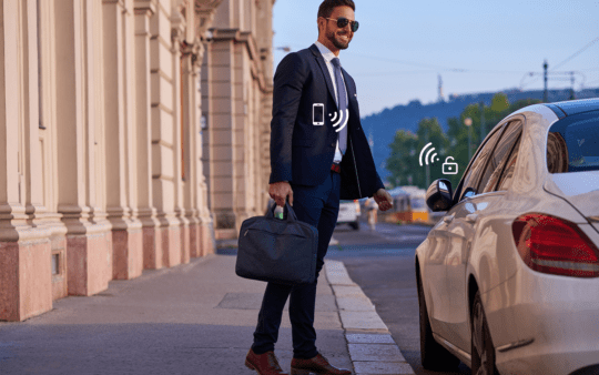 A happy businessman standing next to a sleek white car