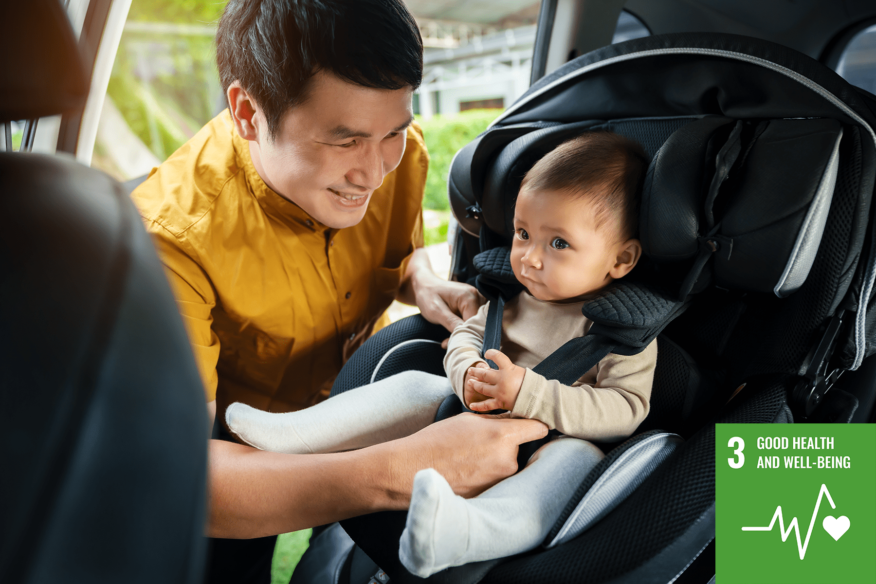 a father and a child in a car with SDG icon