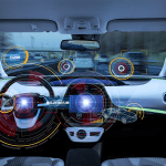 Futuristic car cockpit. Autonomous car. Driverless vehicle. HUD(Head up display). GUI(Graphical User Interface)