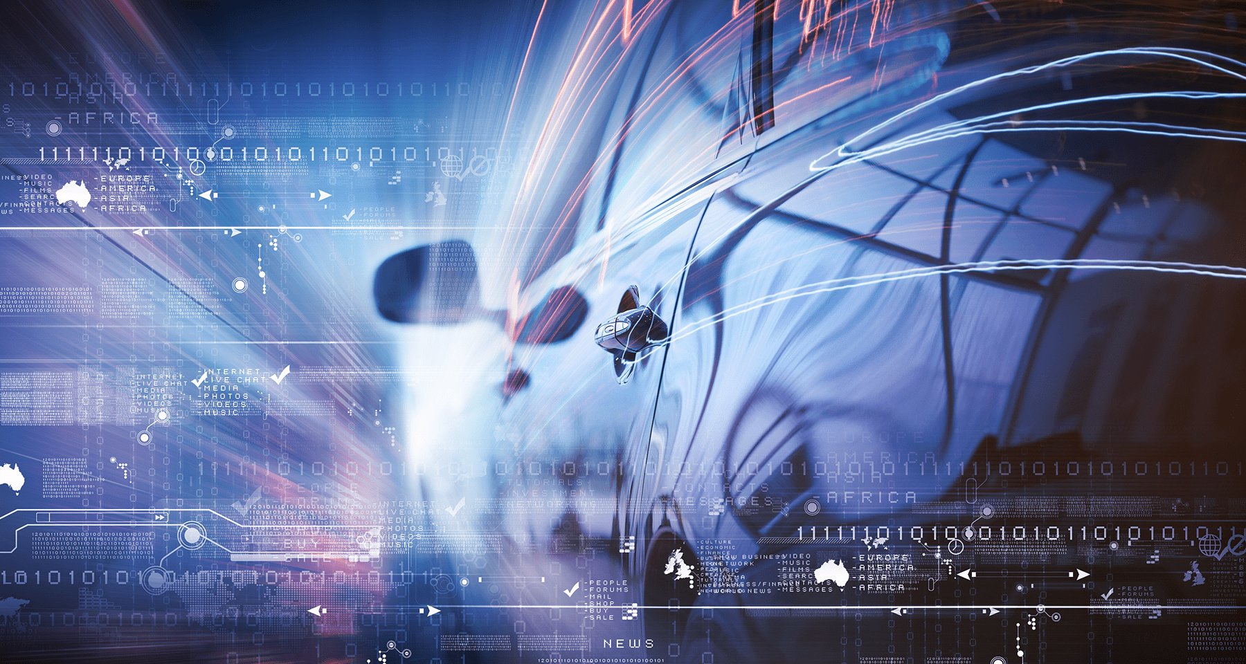 Connected car with digital data overlay, symbolizing cybersecurity and smart vehicle technology
