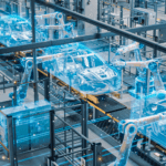 Automated Robot Arm Assembly Line Manufacturing High-Tech Green Energy Electric Vehicles