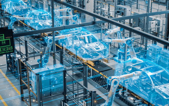 Automated Robot Arm Assembly Line Manufacturing High-Tech Green Energy Electric Vehicles