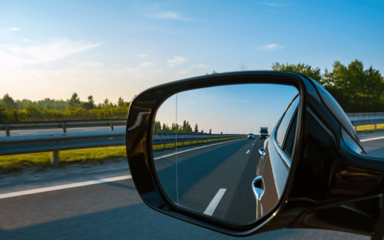 look in the rear view mirror of a car